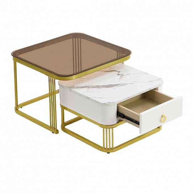 Modfu SADA konferenčních stolků z MDF 60x60x44,5 cm bílá, čajově hnědá a zlatá se zásuvkou v mramorovém vzhledu
