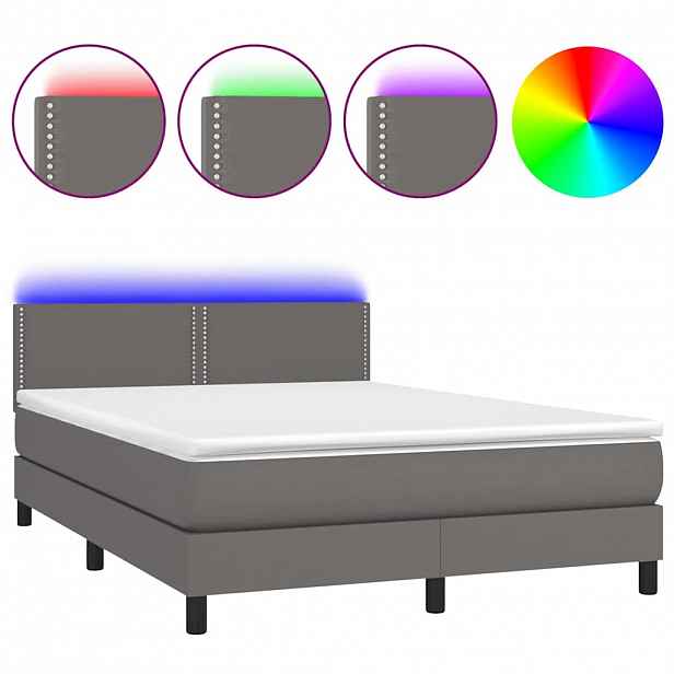 vidaXL Box spring postel s matrací a LED šedá 140x190 cm umělá kůže