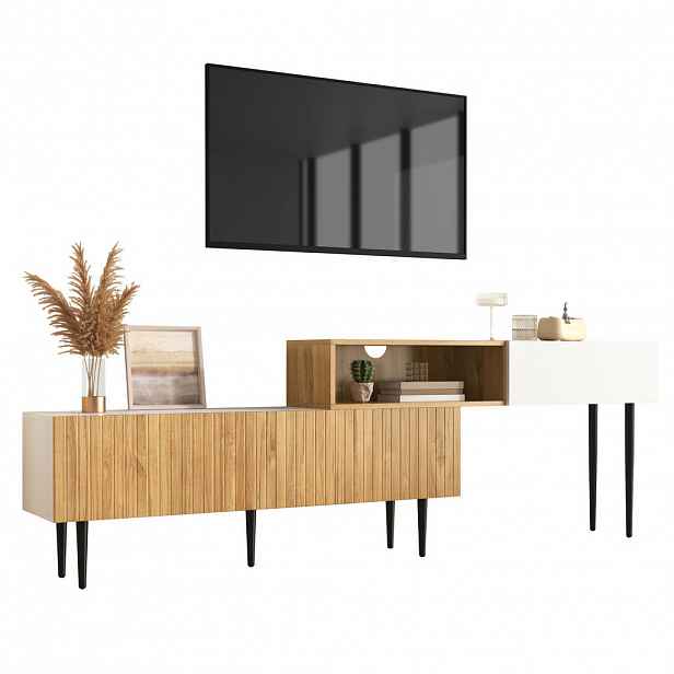 OKWISH TV stolek 120+120/30/63,5 cm bílá a dřevo z MDF a dřevotřísky s nastavitelnou délkou
