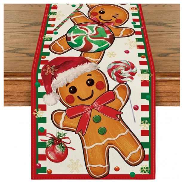 Lněný vánoční běhoun GINGER PARADE 33x180 cm, béžový