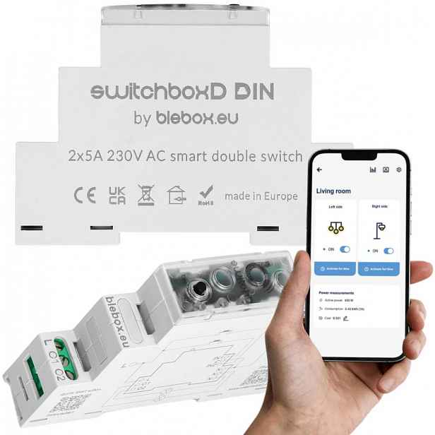 Dvoukanálový spínač Blebox switchBoxD Din s WiFi 230 V