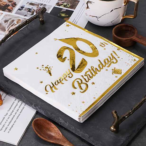 TEMU Balení 20 elegantních dvouvrstvých zlatých fóliových ubrousků na narozeniny, 33x33 cm - design "Šťastné 20. narozeniny" s hvězdami a balónky,