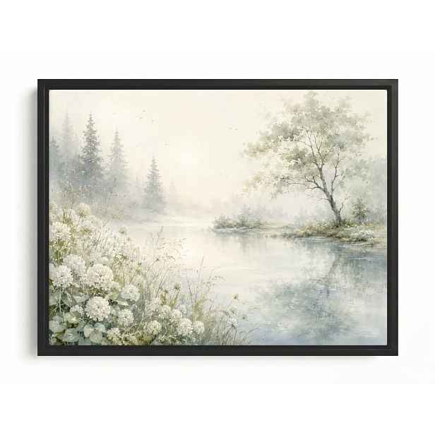 Obraz Rám Americký Box Krajina Řeka Dřevo Zeleň Les Bílé Květy 80x60