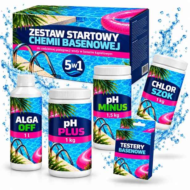 Startovací Balíček 5V1 Do Bazénu Ph Plus Chlor Šok Tester Ph Minus Alga Off