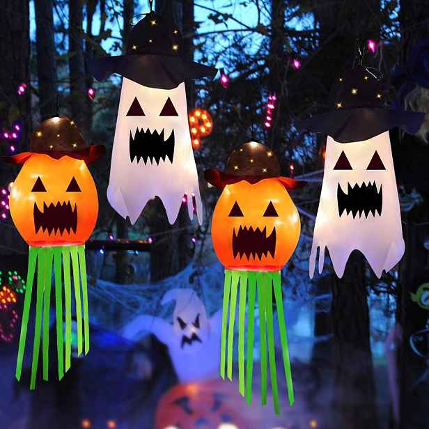 Led dekorace na Halloween s čarodějnickým kloboukem, teplá bílá barva, duchové
