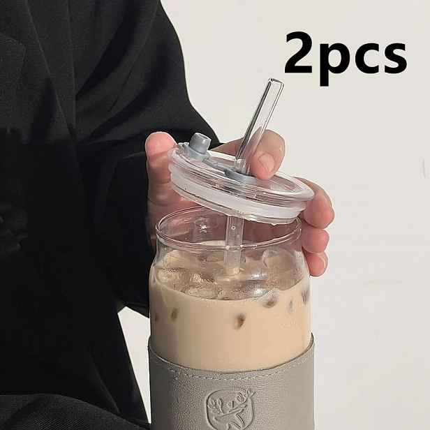 TEMU Sklenice s brčkem s velkou kapacitou 450 ml (15.21 Oz), vhodná na ledovou kávu, whisky, sodu, čaj, s víčkem, brčkem a ozdobným návlekem, 2 ks
