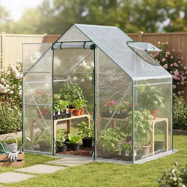 TEMU Skleník 180 x 100 cm pro zahradu, balkon, terasu, vstupný, střešní okno, rolovací dveře, nerezový kovový rám, průhledný, pro pěstování rostlin a