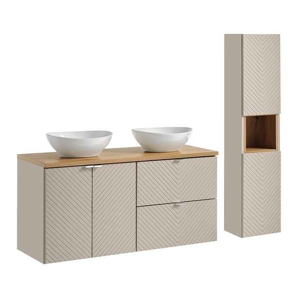 Comad Koupelnová sestava Viva Cashmere s deskou, umyvadly a skříňkami 120 cm kašmírová/dub evoke