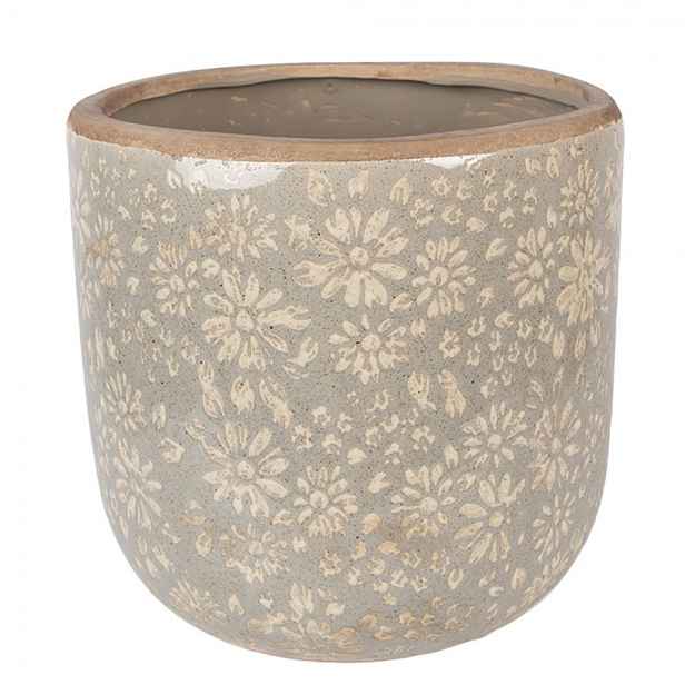 Šedý antik keramický obal na květináč s květy XL - Ø 20*19 cm Clayre & Eef