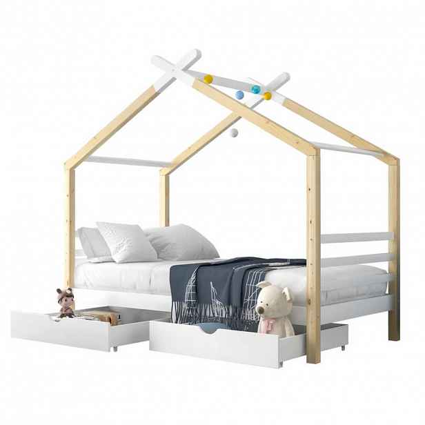 OKWISH DĚTSKÁ postel domeček 90/200 cm bílá z masivu a MDF se zásuvkami a roštem