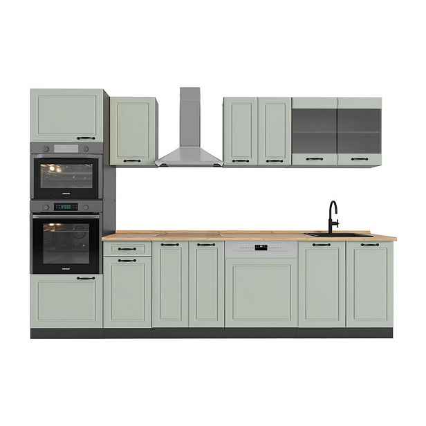 Vicco KUCHYŇSKÝ KOUT R-Line, Mint venkovský dům/Antracit, 300 cm pracovná doska Dub Goldkraft