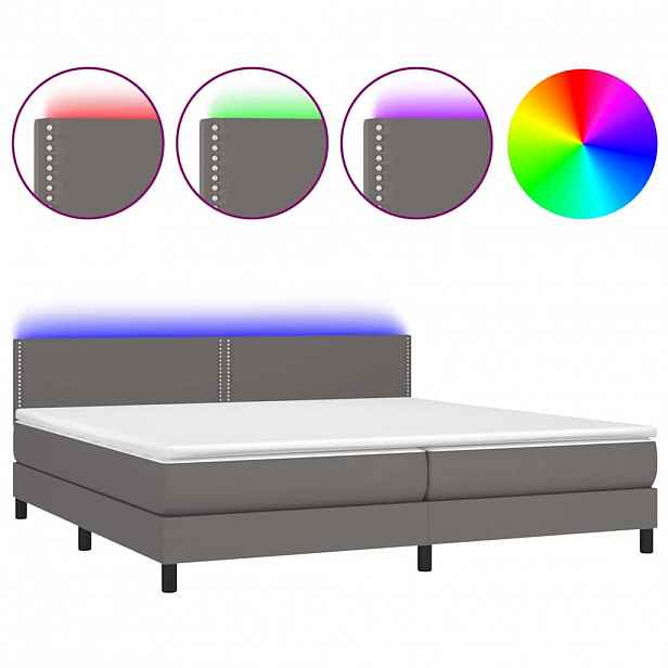 vidaXL Box spring postel s matrací a LED šedá 200x200 cm umělá kůže