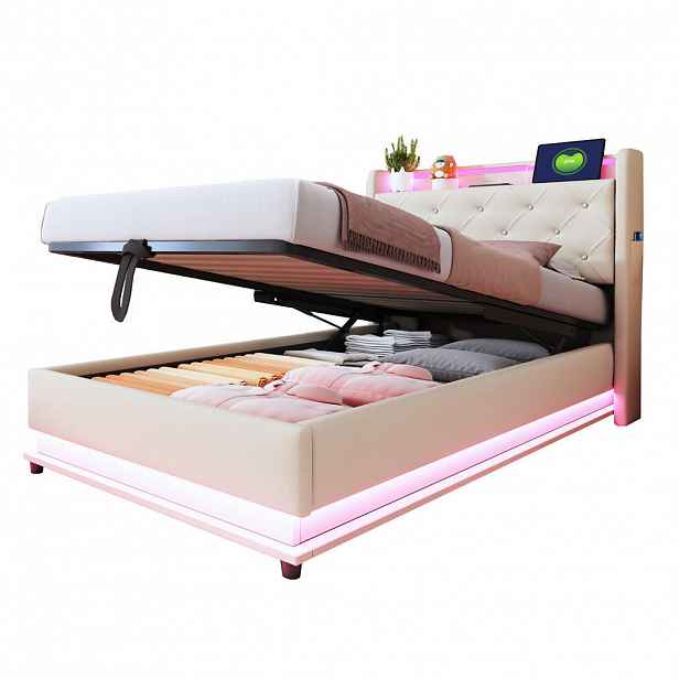 OKWISH ČALOUNĚNÁ postel 90/200 cm béžová z lněné látky s LED světly, USB a úložným prostorem