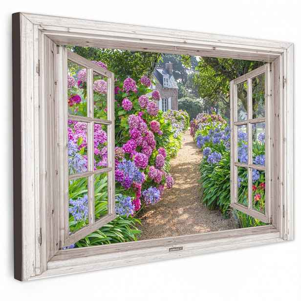MuchoWow OBRAZ NA PLÁTNĚ Hortenzie - Průhledné - Květiny - Léto - Fialová - Cesta 90x60 cm