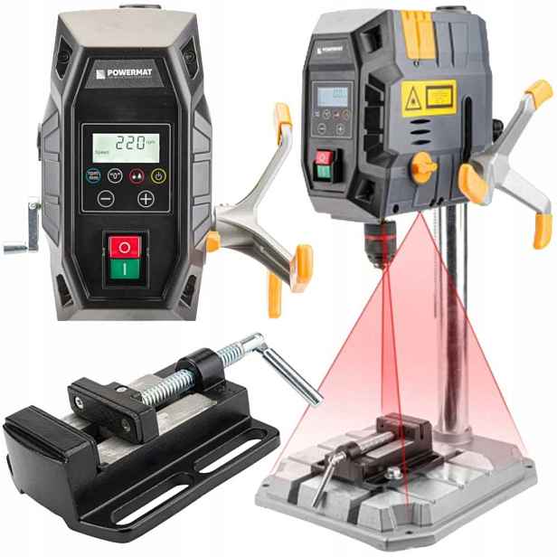Stolní Sloupová Vrtačka Powermat 1000W 2-RYCHLOSTNÍ Led Laser LCD Svěrák 1