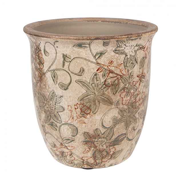 Béžový keramický obal na květináč s květy Margaus S - Ø 13*13 cm Clayre & Eef