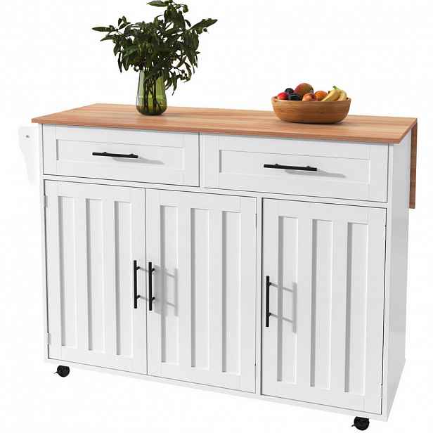 Modfu KUCHYŇSKÝ ostrůvek z MDF 129x46(71)x91,5 cm bílá/přírodní na kolečkách se sklápěcí deskou a 2 zásuvkami