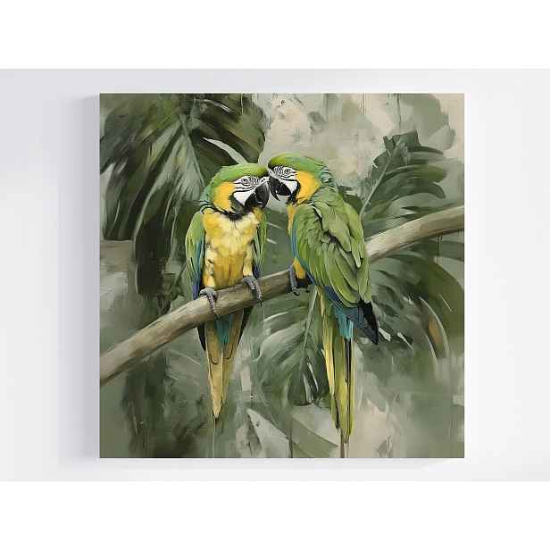 Obraz Na Plátně Canvas Příroda Pták Papoušek Ara Dřevo Palma Monstera 50x50