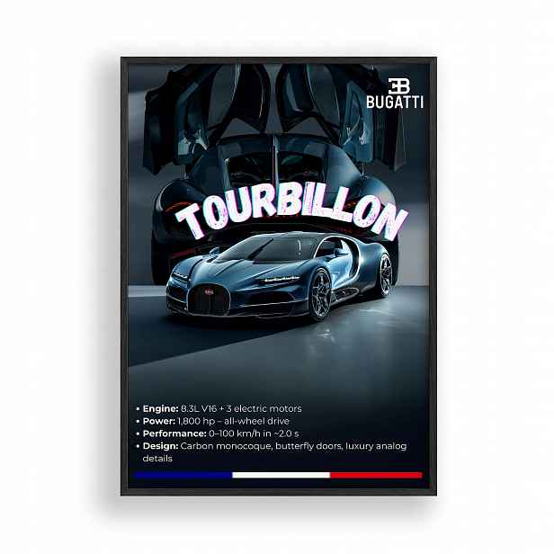 Obraz Auto Bugatti Tourbillon Plakát Rámeček Dřevěný Černý 30x42 cm