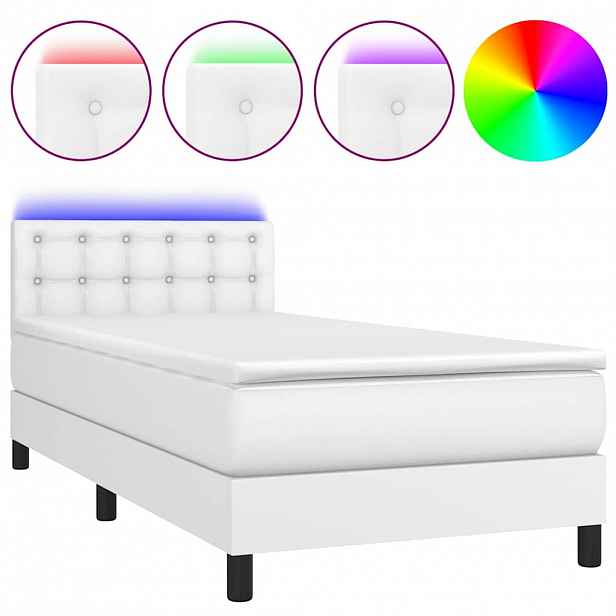 vidaXL Box spring postel s matrací a LED bílá 90x190 cm umělá kůže