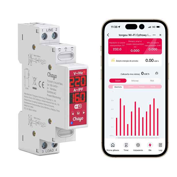 Inteligentní dvoupólový WiFi relé Tuya 2P 16A s měřením energie
