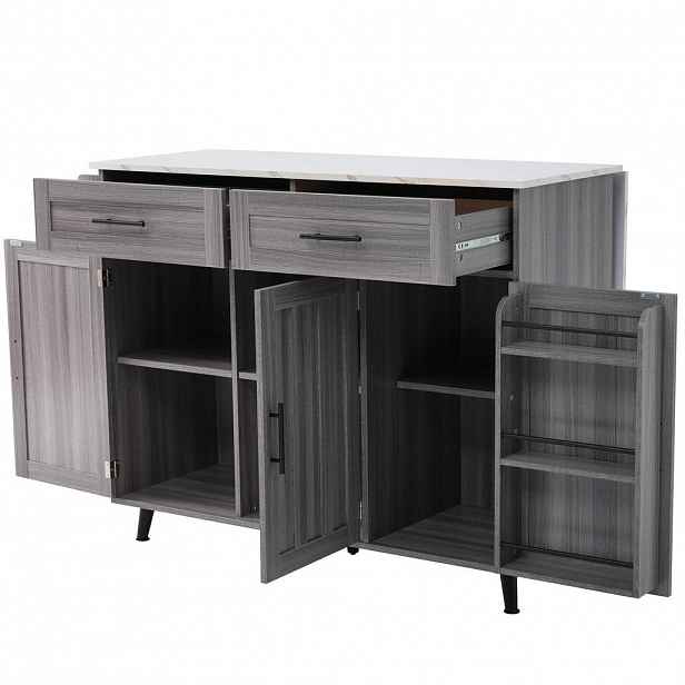 OKWISH KUCHYŇSKÝ ostrůvek 129/46/91,5 cm šedobílý z MDF s výsuvnou deskou a kolečky