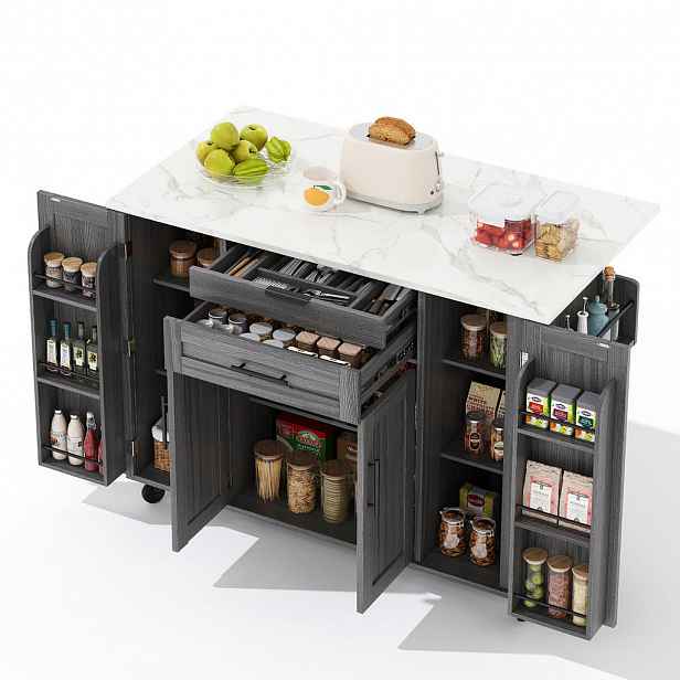 OKWISH POJÍZDNÝ kuchyňský ostrůvek 136/70/92 cm šedý z MDF s výsuvnou pracovní deskou a úložným prostorem