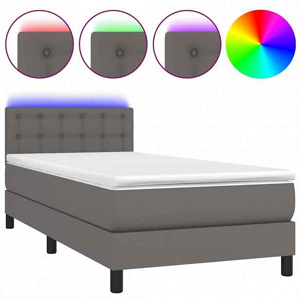 vidaXL Box spring postel s matrací a LED šedá 90x190 cm umělá kůže