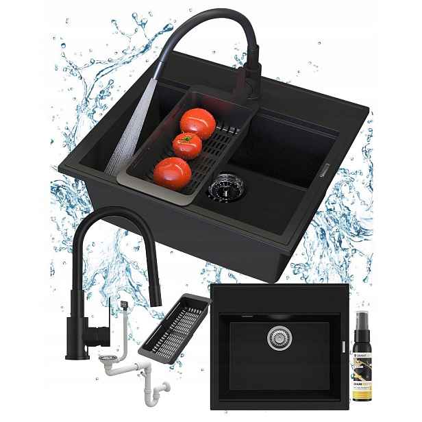Granitový dřez Černý Verno Set Dřez baterie Grado Plus sifon
