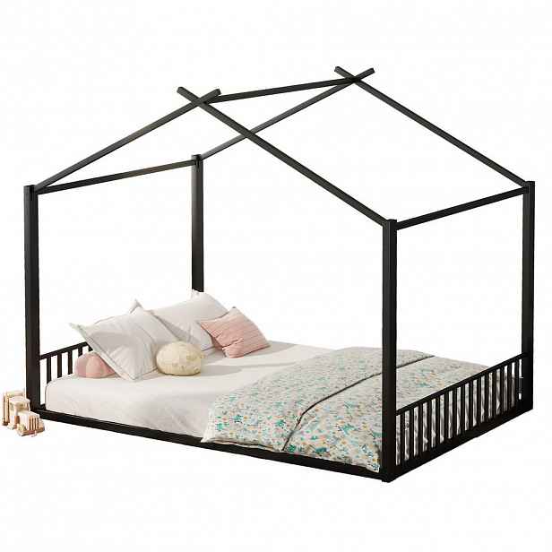 OKWISH DĚTSKÁ postel 140/200 cm černá z kovu s konstrukcí ve tvaru domu