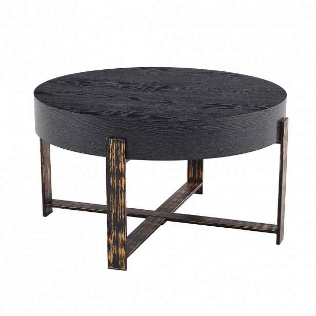 Modfu ODKLÁDACÍ stolek z MDF a kovu 68x68x39 cm černý s deskou s kresbou dřeva, křížovou podnoží a nosností 120 kg