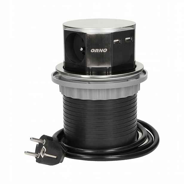 Nábytková zásuvka vys. z desky 3x2P+Z s nabíjením USBx2 Inox