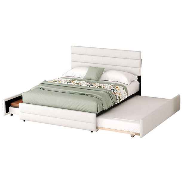 OKWISH ČALOUNĚNÁ postel 140/200 cm béžová z lnu a MDF s výsuvným lůžkem a 2 zásuvkami