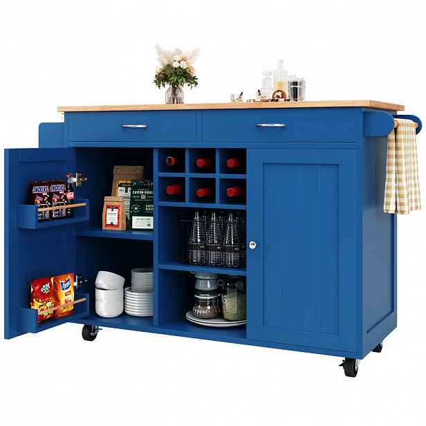 OKWISH KUCHYŇSKÝ ostrůvek 102/45/92 cm modrý z MDF a kovu s úložným prostorem a kolečky