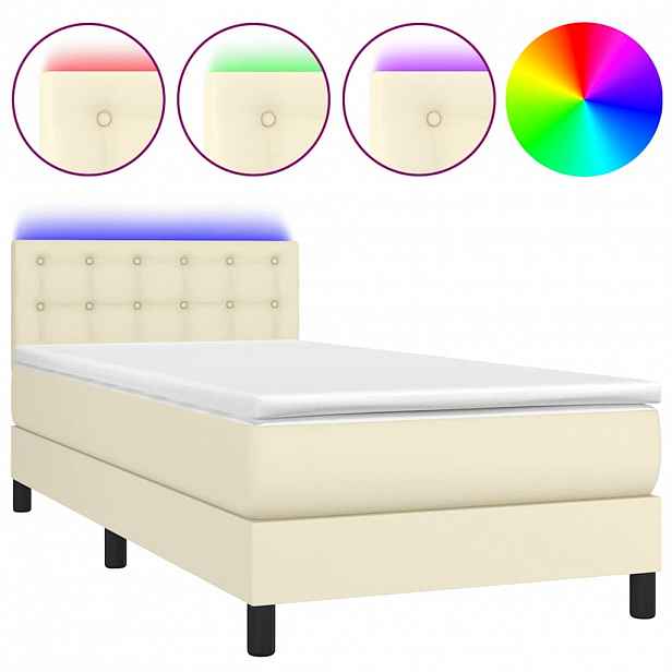 vidaXL Box spring postel s matrací a LED krémová 90x200 cm umělá kůže