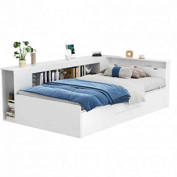 OKWISH DĚTSKÁ postel 90/200 cm bílá z MDF s úložnými zásuvkami a knihovnou