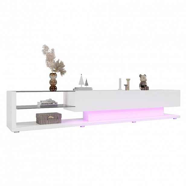 OKWISH TV stolek 170/36/38 cm bílý z dřevotřísky s LED osvětlením a úložnými zásuvkami