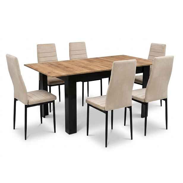Rozkládací jídelní stůl Craft 120/160x80 cm 6 béžových sametových židlí Axell