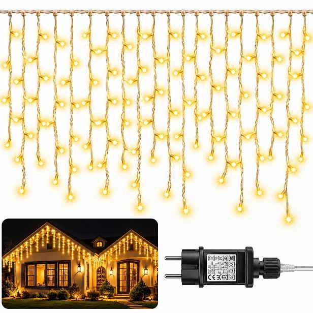 Vánoční Osvětlení Rampouchy Led 5 M 200 Led Teplá Bílá Časovač 8 Režimů IP44