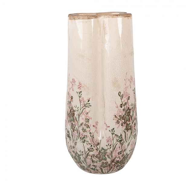 Béžová antik keramická váza s růžovo-zelenými květy L - Ø16*36 cm Clayre & Eef