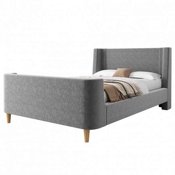 OKWISH DĚTSKÁ postel 90/200 cm šedá z sametu s vesmírným motivem a bezpečným rámem