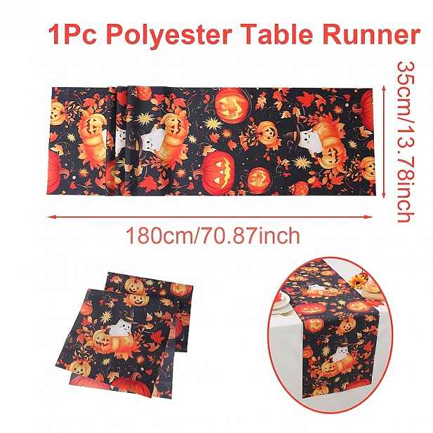 TEMU 1 ks, pro halloweenský běhoun na stůl, 13.78 X 70.87 palců, polyesterový potah na stůl s kresleným vzorem dýně a Jack O'Lantern, dekorace na