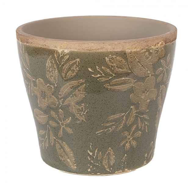 Zelený keramický obal na květináč s květy Timothée S - Ø 10*9 cm Clayre & Eef