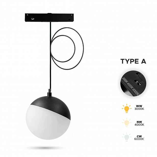 Závěsná Led lampa Kula Černá 3CCT Typ A 6W Smart Track 48VDC