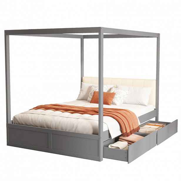 OKWISH POSTEL s nebesy 140/200 cm šedá z dřeva s polstrovaným čelem a úložnými zásuvkami