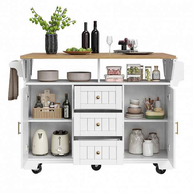 OKWISH KUCHYŇSKÝ ostrůvek 120/40/95 cm bílý z MDF a kovu s výklopnou deskou a úložným prostorem