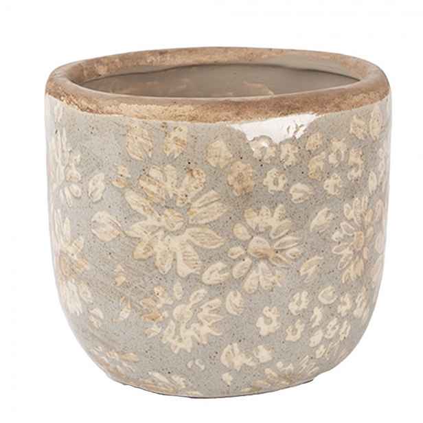 Šedý antik keramický obal na květináč s květy S - Ø 10*9 cm Clayre & Eef