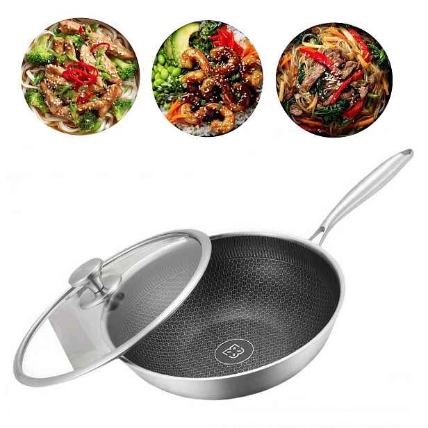 Ocelová Pánev S Víkem Wok Tradiční Medová Plástev 32 cm 5,5L EB-7690