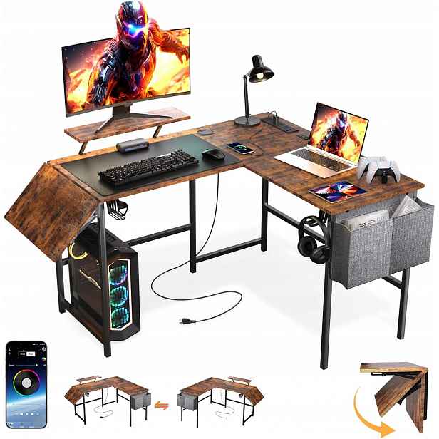 Rohový Herní Stůl L 120 X 150 CM Skládací Usb Rgb Led