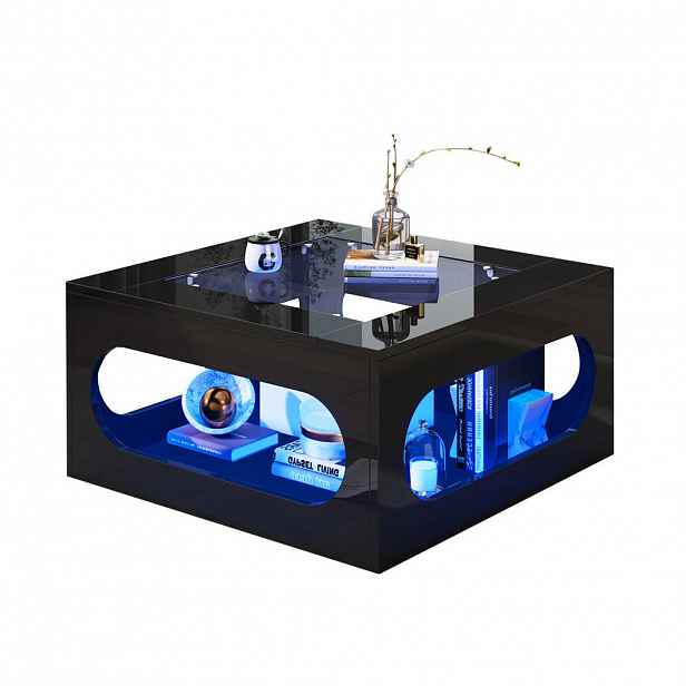 STILVORA KONFERENČNÍ STŮL černý s dutým designem a LED osvětlením, do obývacího pokoje, 70×70×35 cm